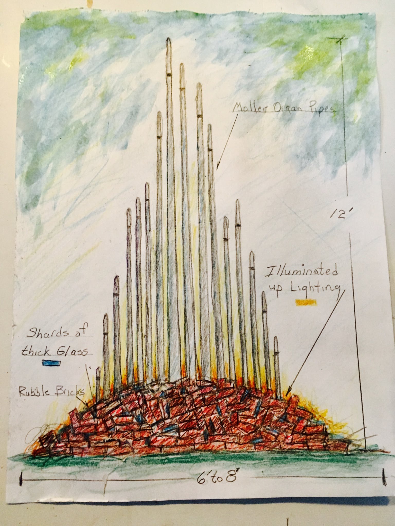 Drawing of organ pipes emerging from a rubble pile of brick.